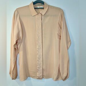 Vintage Perry Ellis Long Sleeve Silk Button Up Embroidered Blouse Sz 14 Peach